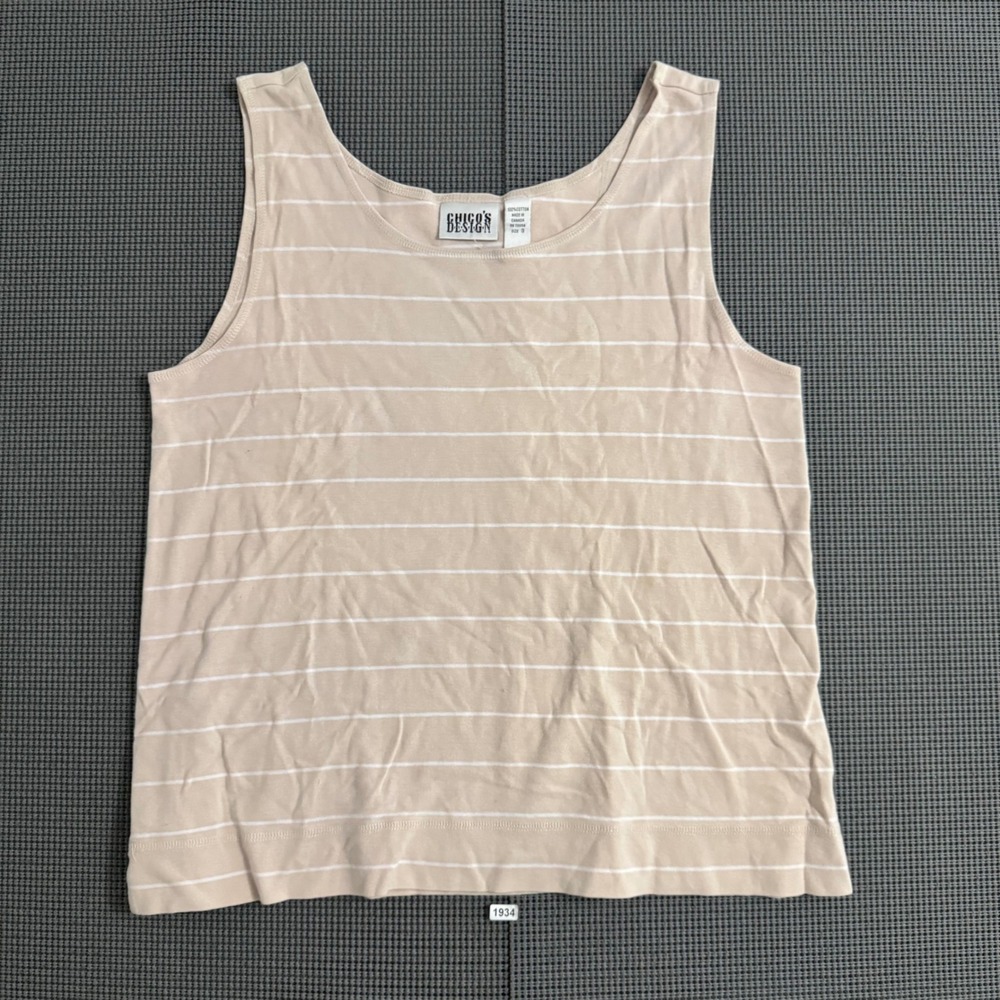 Chicos Design Tan White Striped Cotton Tank Top Scoop Neck Size 3 XL